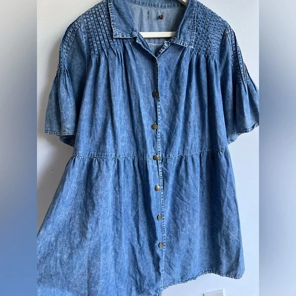 Denim Babydoll Dress Pleated Yoke Button Front Blue Size XL Cotton - Picture 6 of 13